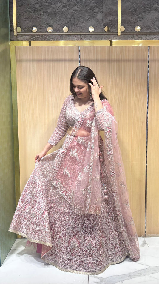 Diya – Pink Semi-Bridal Net Lehenga Set