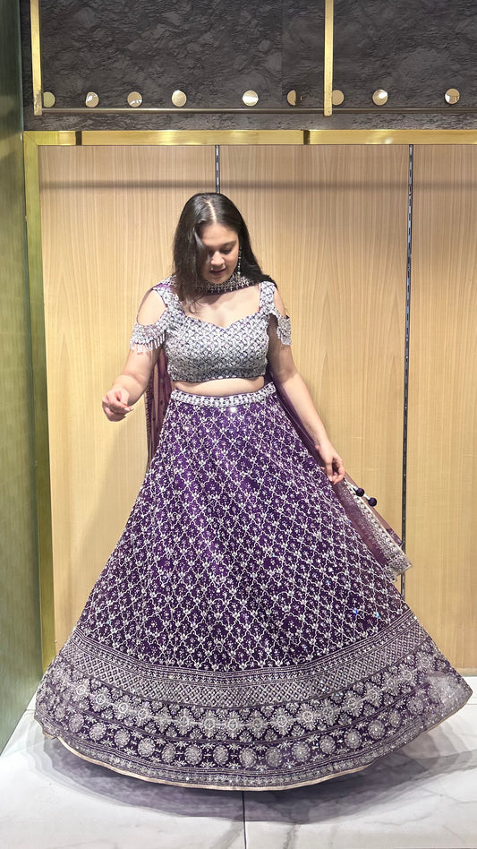 Yara Purple Mirror-Embroidered Semi-Bridal Lehenga Set