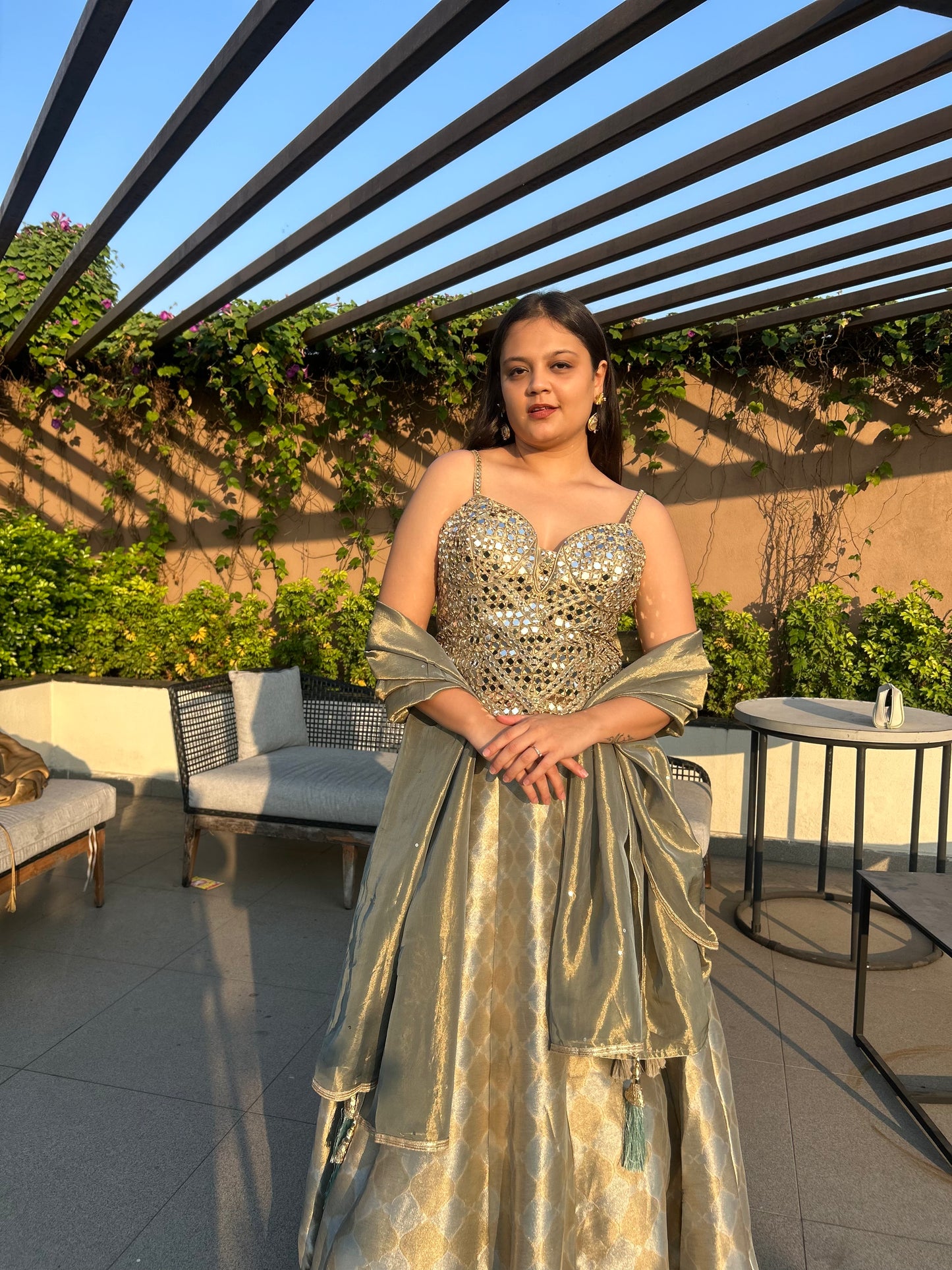 Meluha – Grey-Gold Tissue Corset Blouse Lehenga with Banarasi Skirt