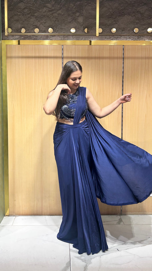 Twisha Navy Blue Draped Saree with Embroidered Blouse