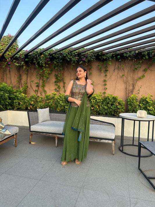 Ailiya Green Printed Indo-Western Jacket Top, Palazzo & Dupatta Set