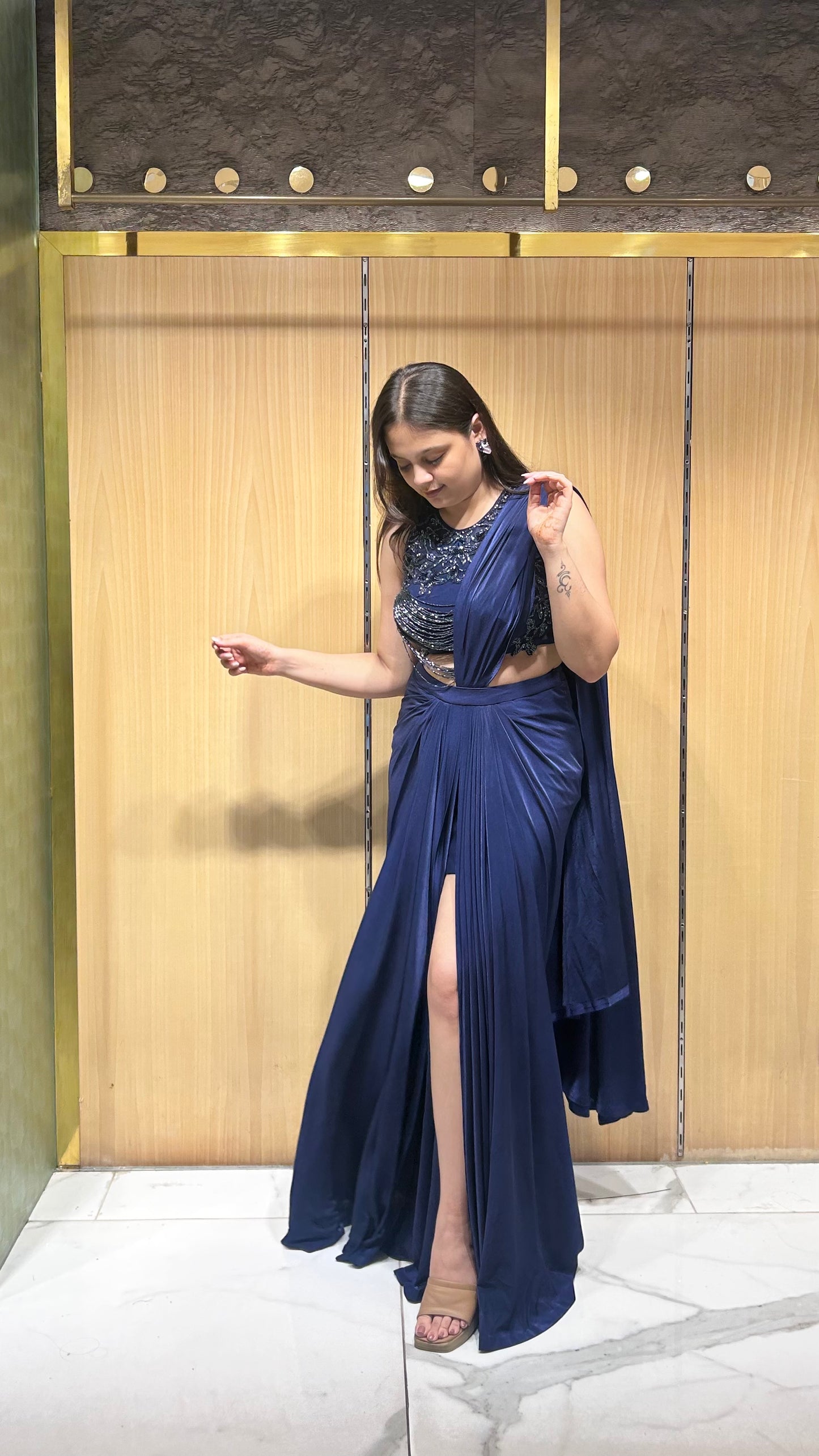 Twisha Navy Blue Draped Saree with Embroidered Blouse
