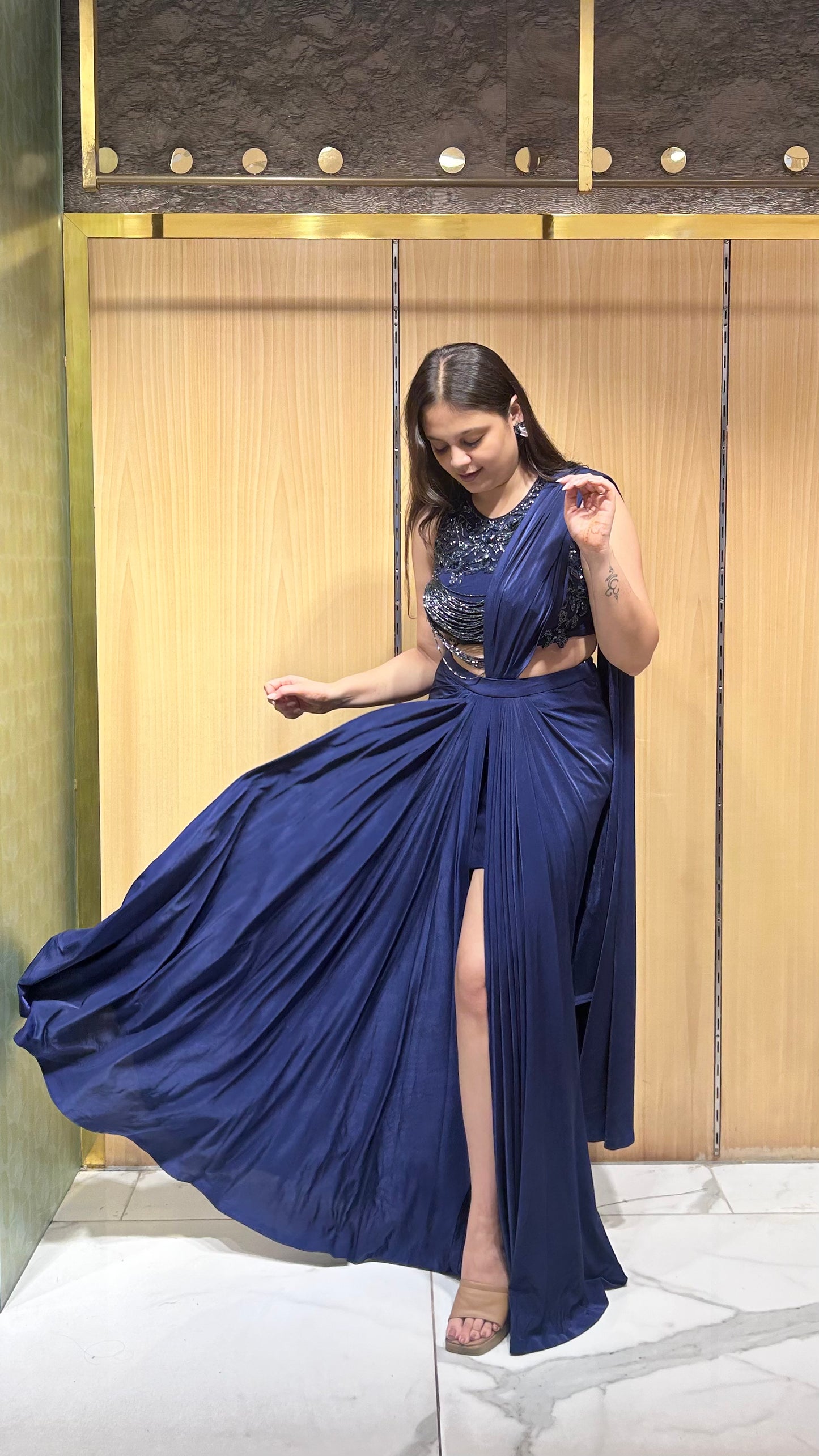 Twisha Navy Blue Draped Saree with Embroidered Blouse
