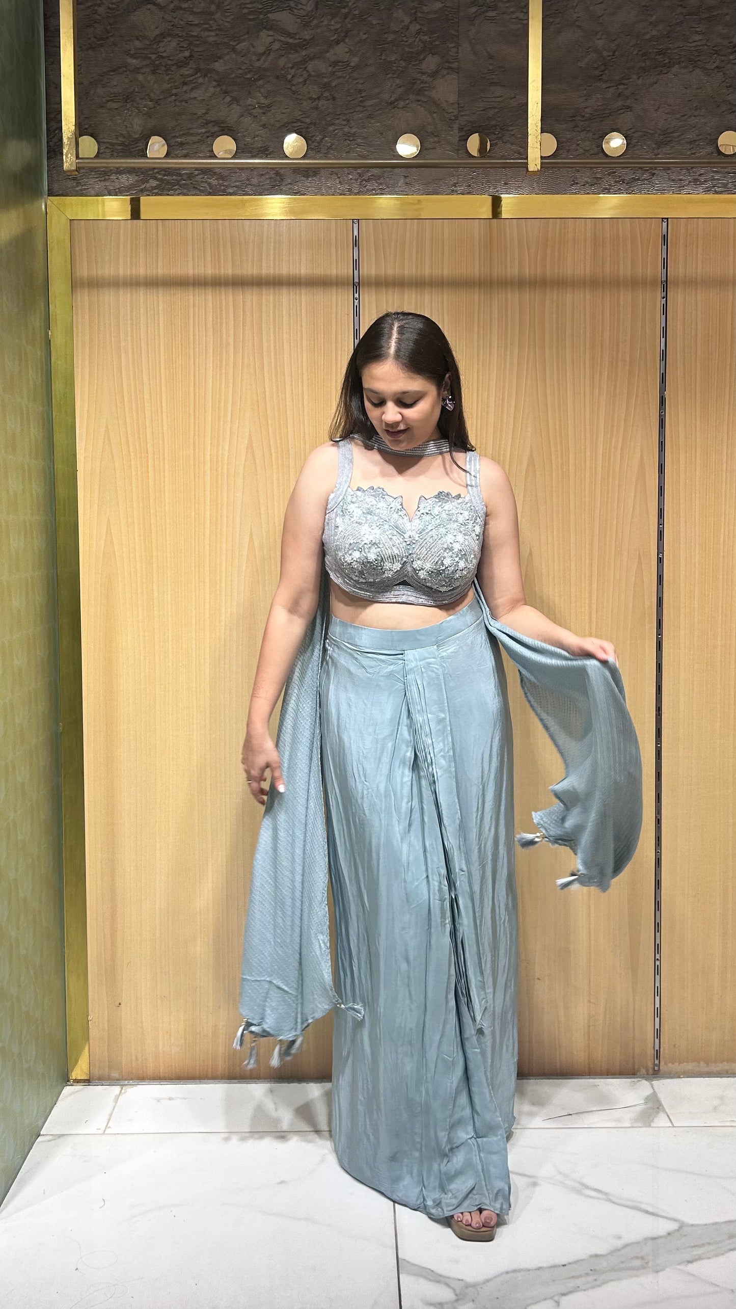 Zayli Ice Blue Drape Skirt Set with Choker Dupatta