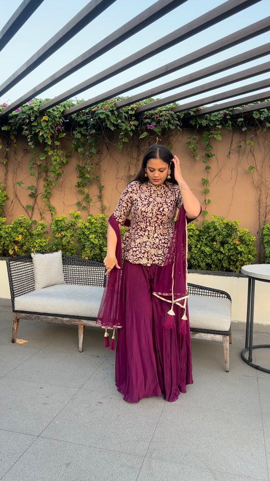 Rihanie Wine Indo-Western Jacket Top, Palazzo & Dupatta Set