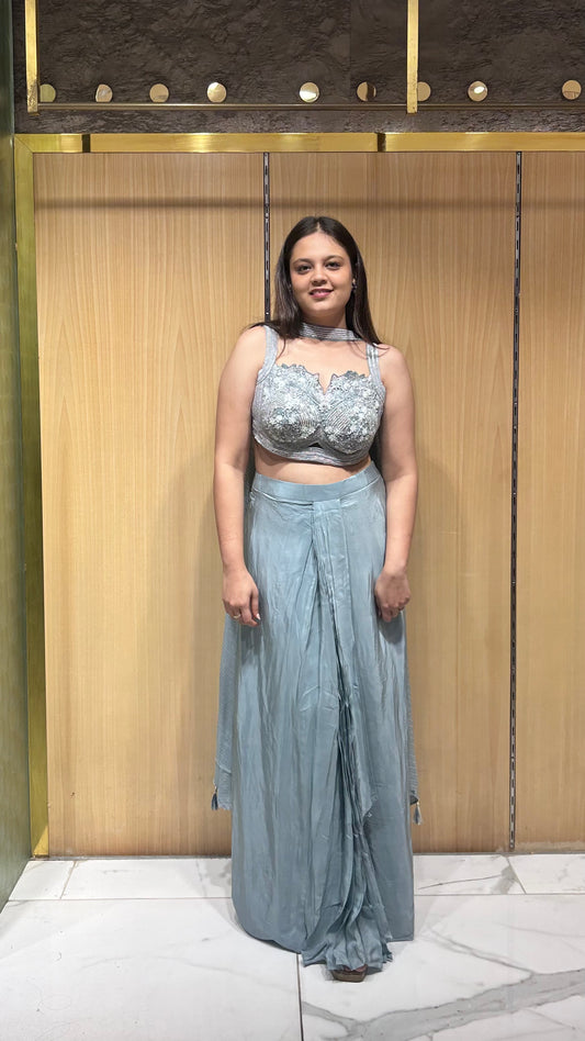 Zayli Ice Blue Drape Skirt Set with Choker Dupatta