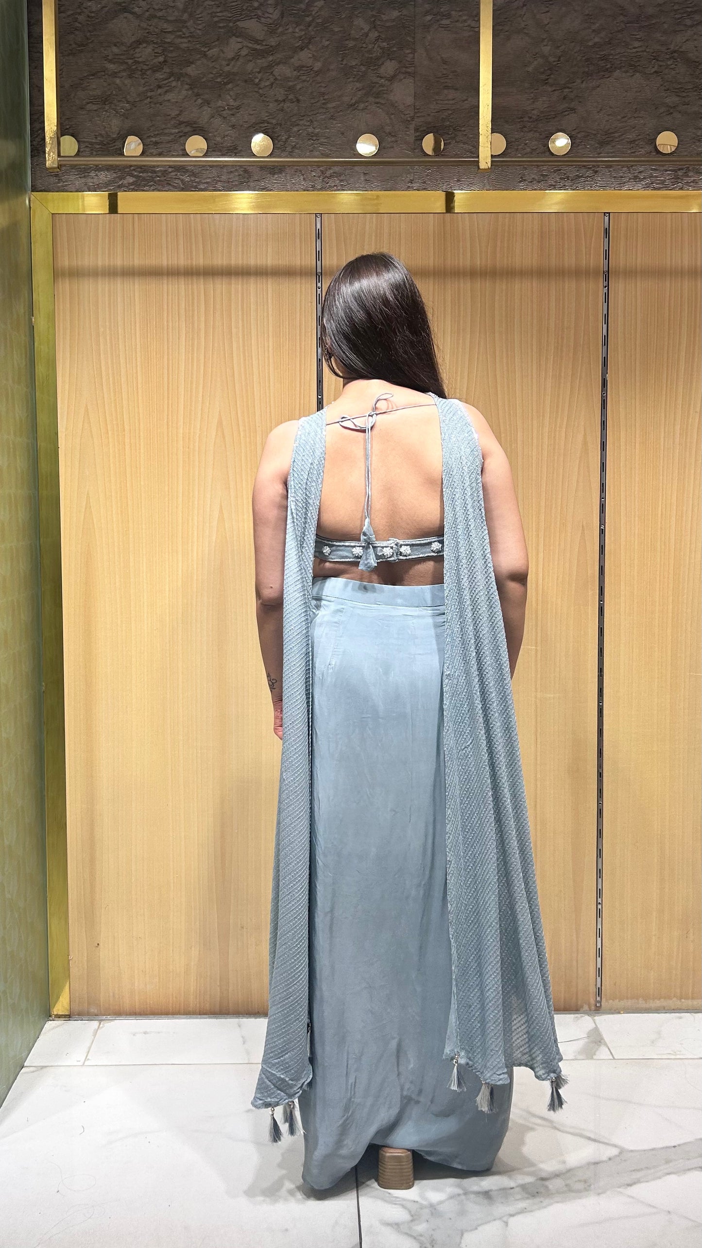 Zayli Ice Blue Drape Skirt Set with Choker Dupatta