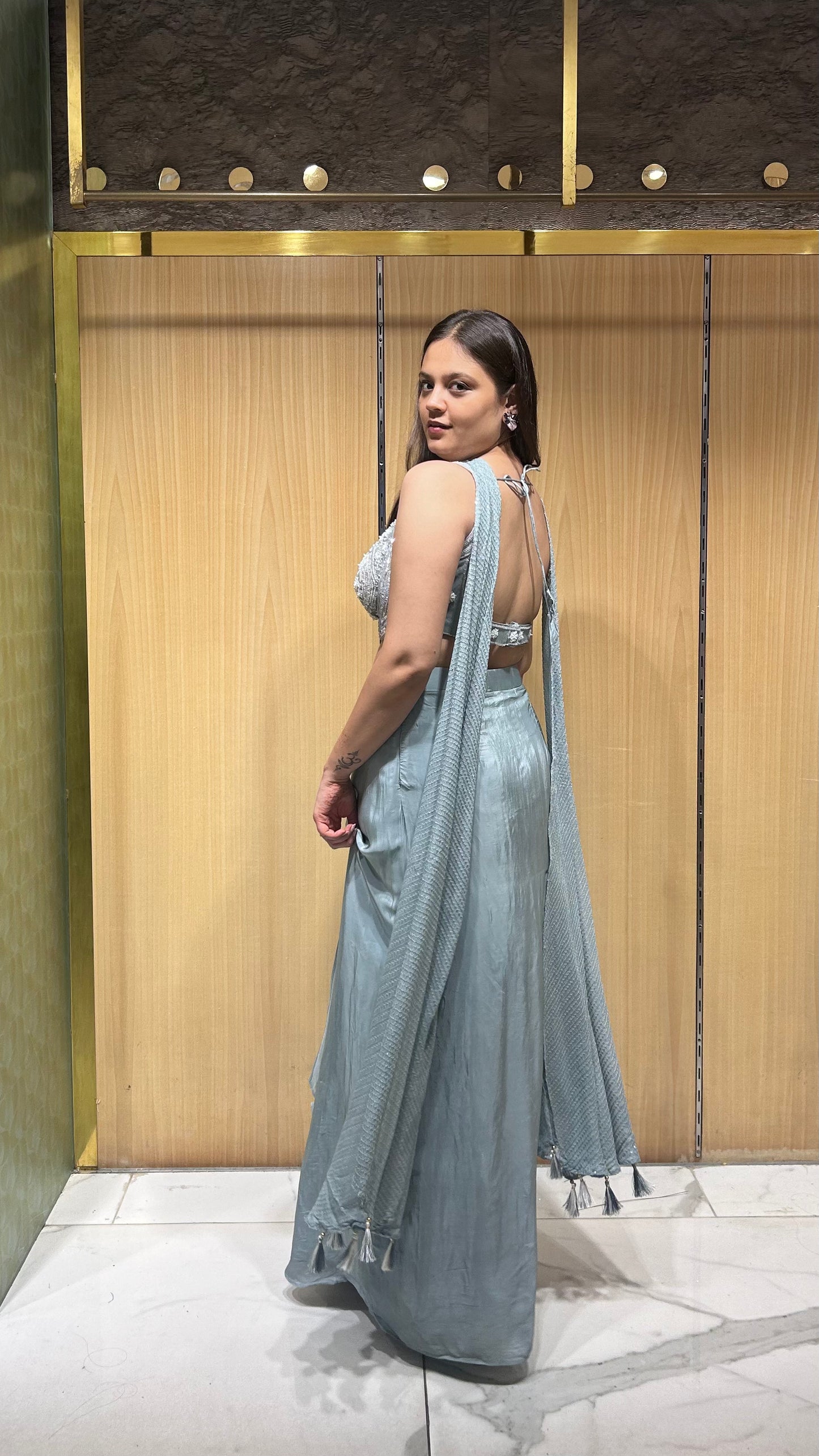 Zayli Ice Blue Drape Skirt Set with Choker Dupatta
