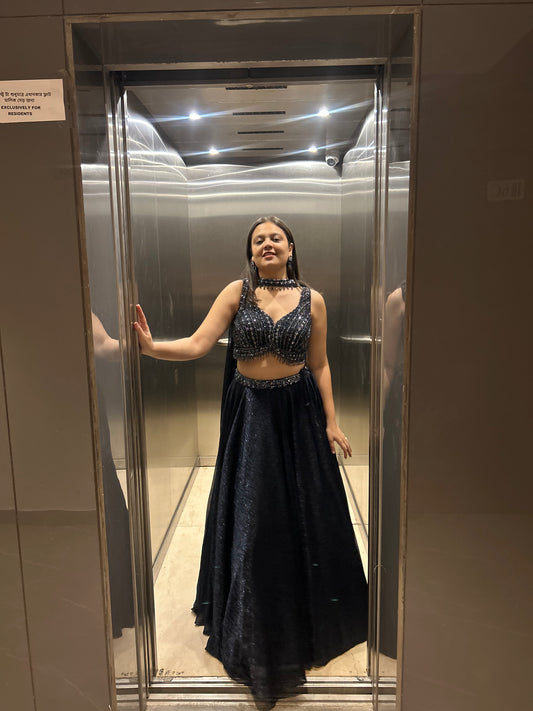 Kylie – Navy Blue Shimmery Indo-Western Lehenga Set