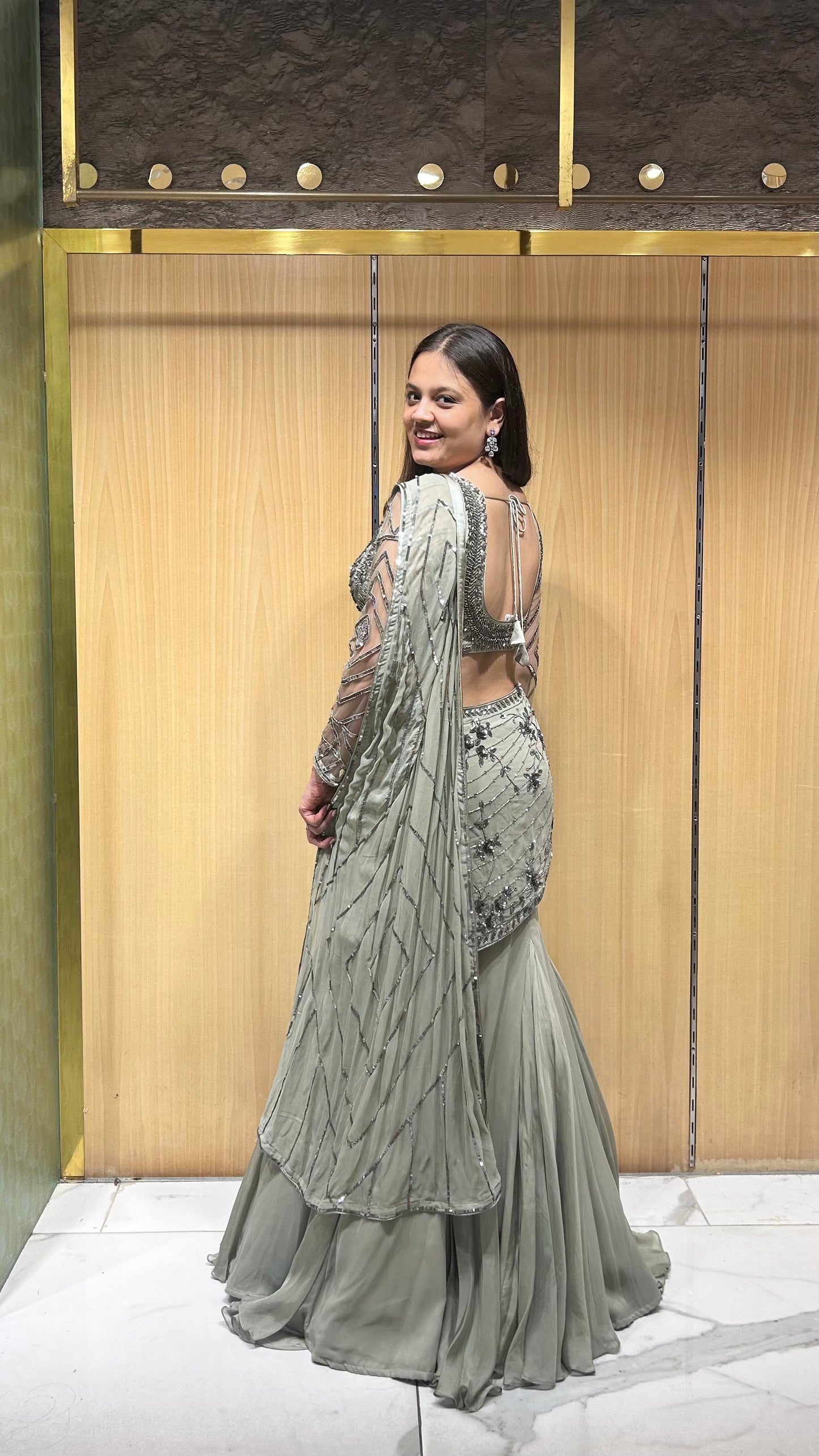 Elaya Grey Fish-Cut Drape Lehenga Set with Hand Embroidered Blouse