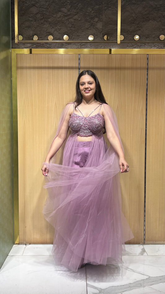 Charvi Mauve Drape Set with Embroidered Bustier & Palazzo