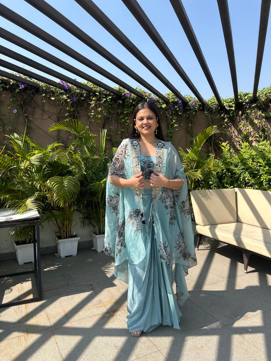 Sayli – Sky Blue Floral Printed Cape Set with Pleated Skirt