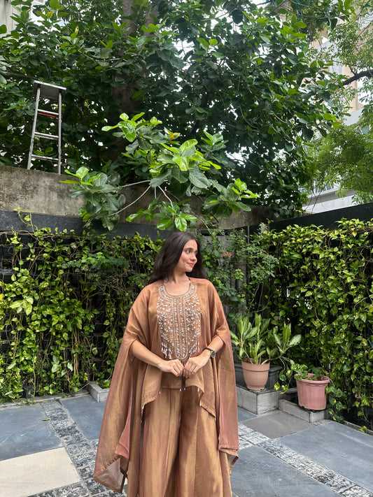 Kesha Brown Shimmer Indo-Western Dhoti Skirt Set