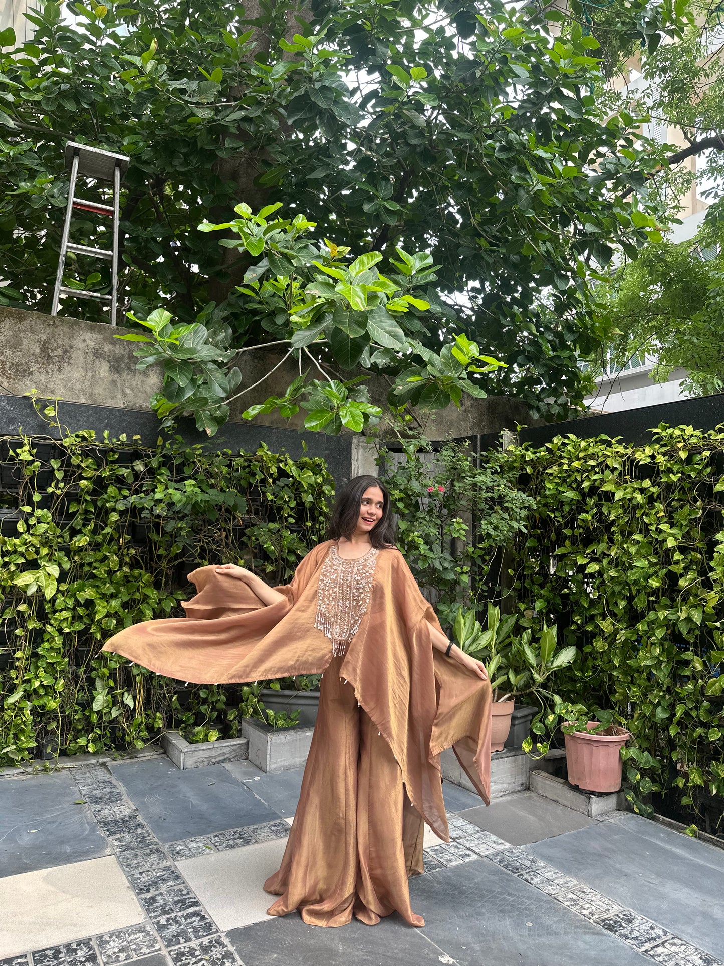 Kesha Brown Shimmer Indo-Western Dhoti Skirt Set