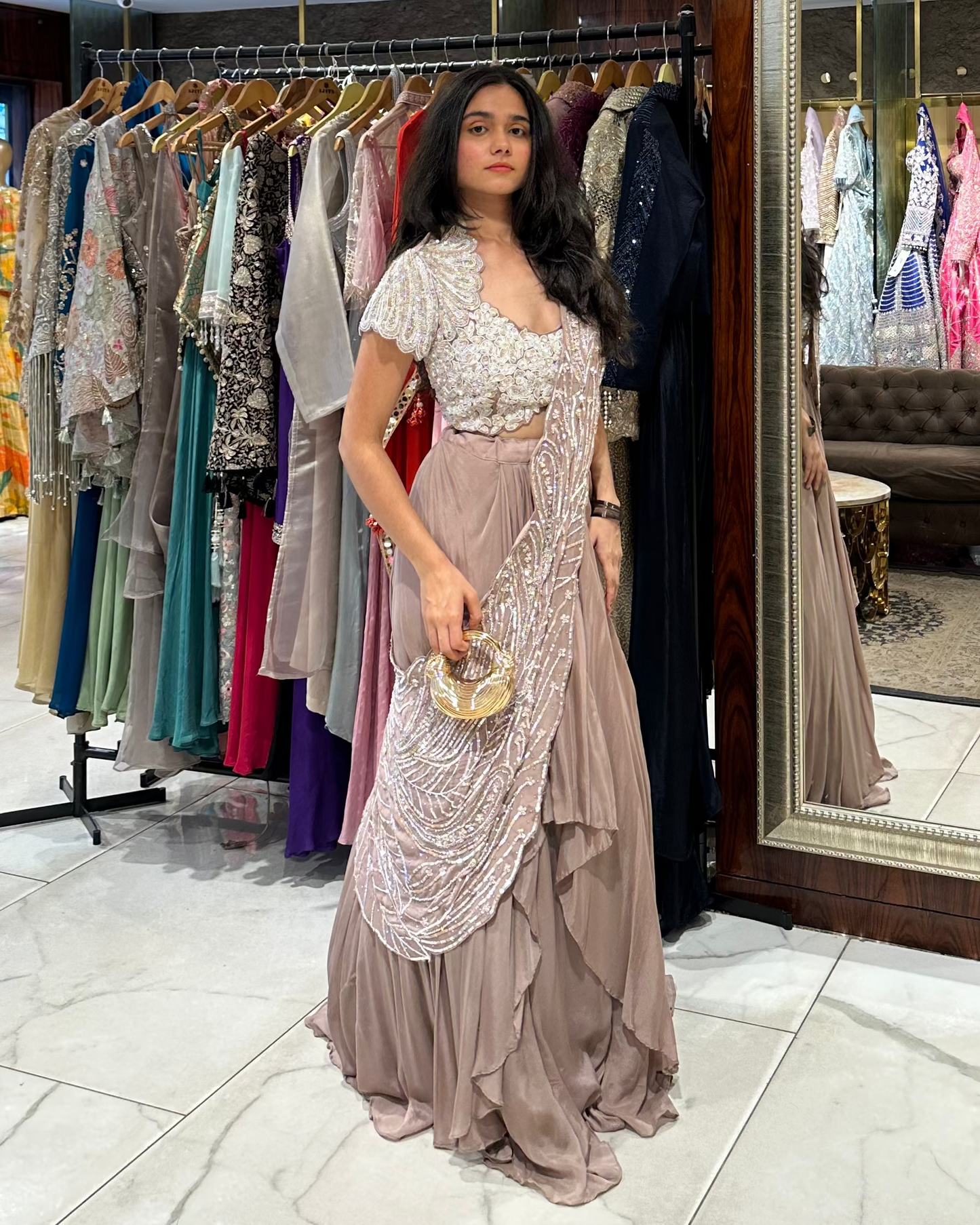 Brook Sand Coloured Indo-Western Drape Lehenga