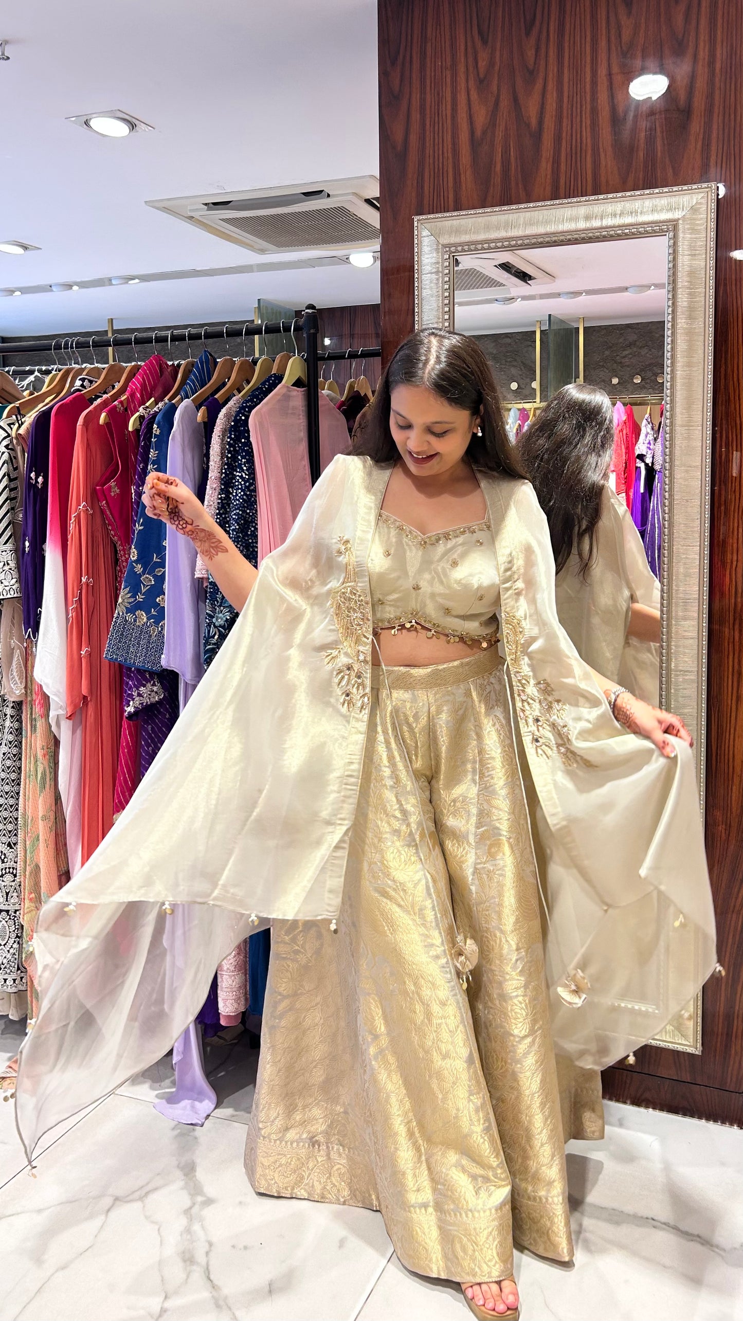 Vamika Champagne Tissue Sharara with Embroidered Cape