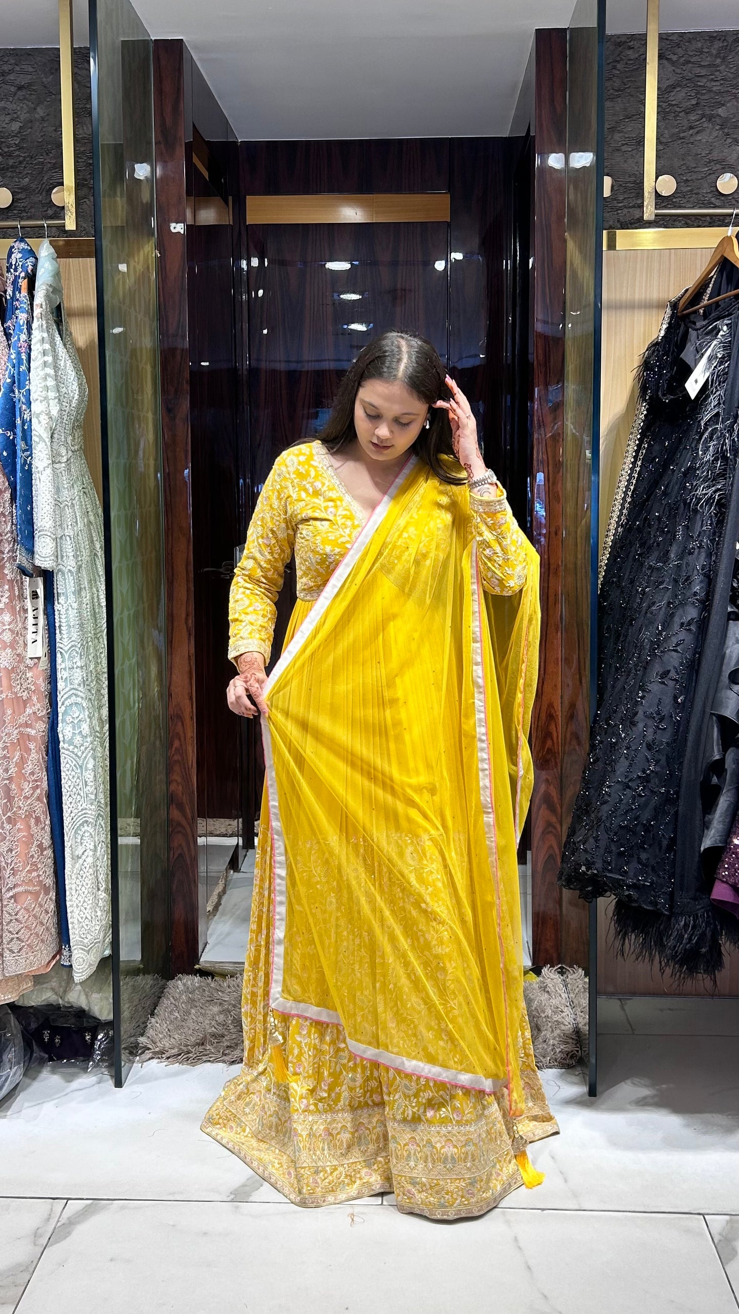Uditi Yellow Georgette Anarkali with Thread & Stone Embroidery