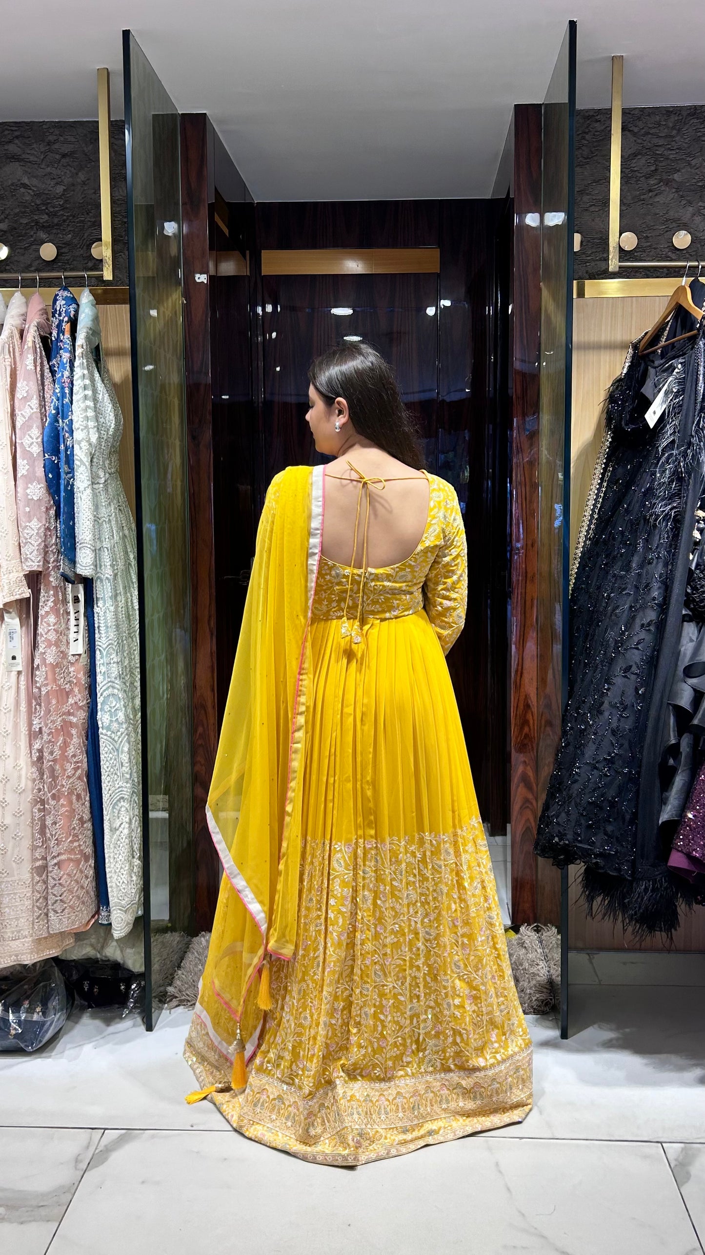 Uditi Yellow Georgette Anarkali with Thread & Stone Embroidery
