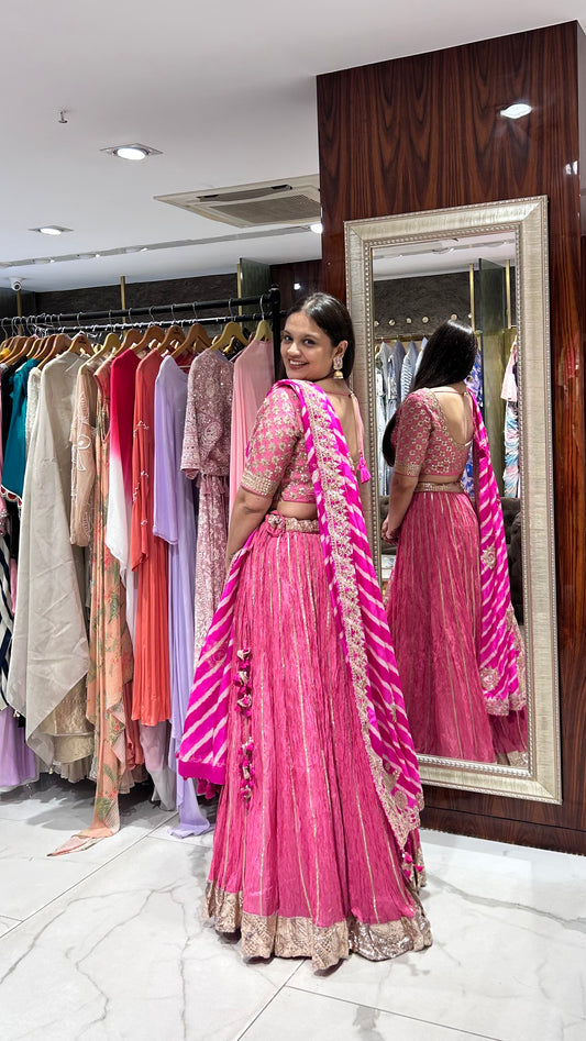 Yukta Pink Crushed Chinon Silk Lehenga with Leheriya Dupatta