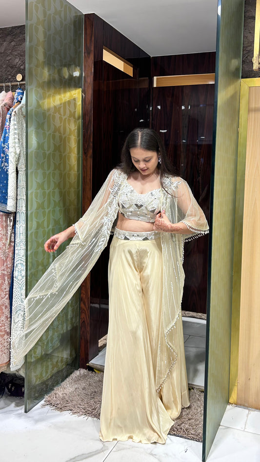 Pihu Beige Gold Indo-Western Palazzo Set with Embroidered Cape