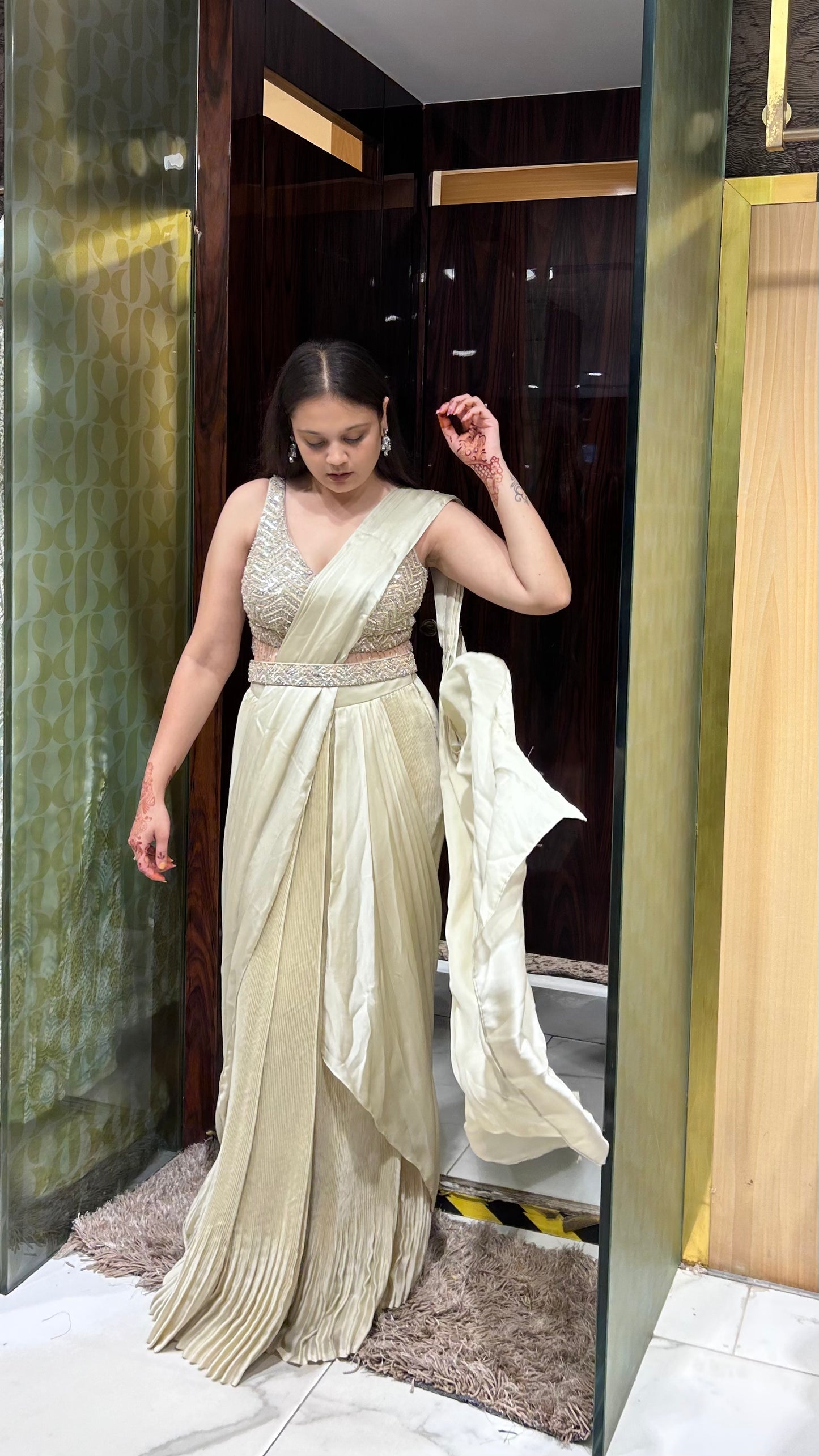 Divisha – Beige Gold Drape Saree with Sequins, Cut Dana & Mirror Work