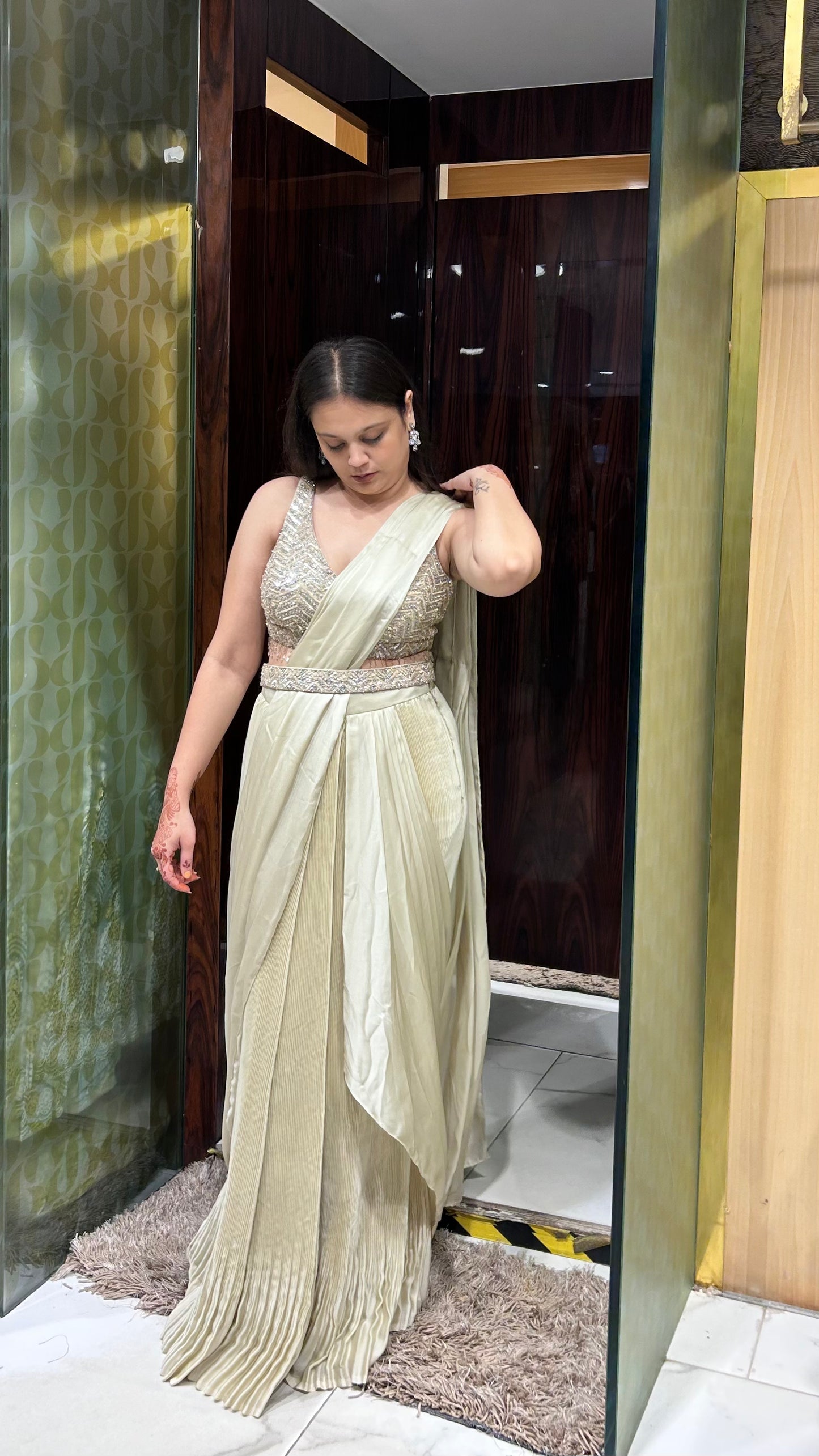 Divisha – Beige Gold Drape Saree with Sequins, Cut Dana & Mirror Work