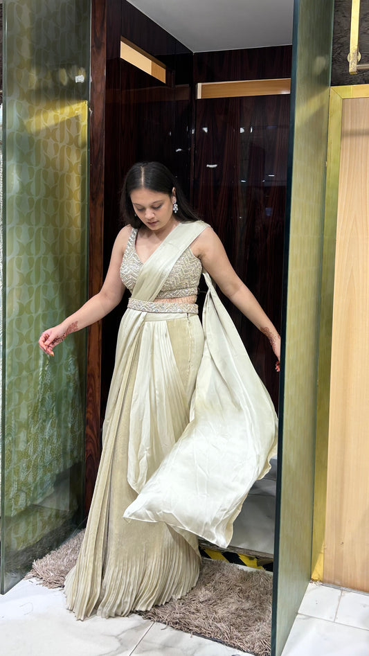 Divisha – Beige Gold Drape Saree with Sequins, Cut Dana & Mirror Work