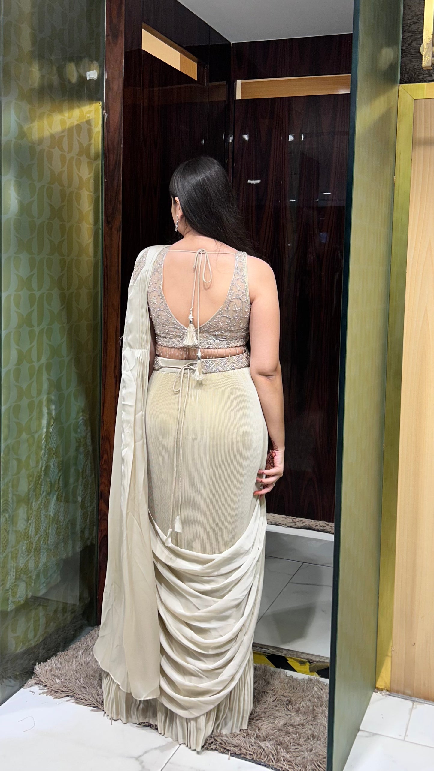 Divisha – Beige Gold Drape Saree with Sequins, Cut Dana & Mirror Work