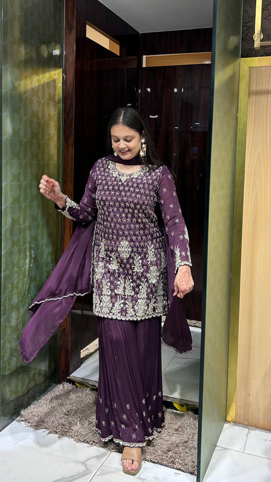 Gitika Dark Wine Chinon Silk Hand-Embroidered Sharara Set