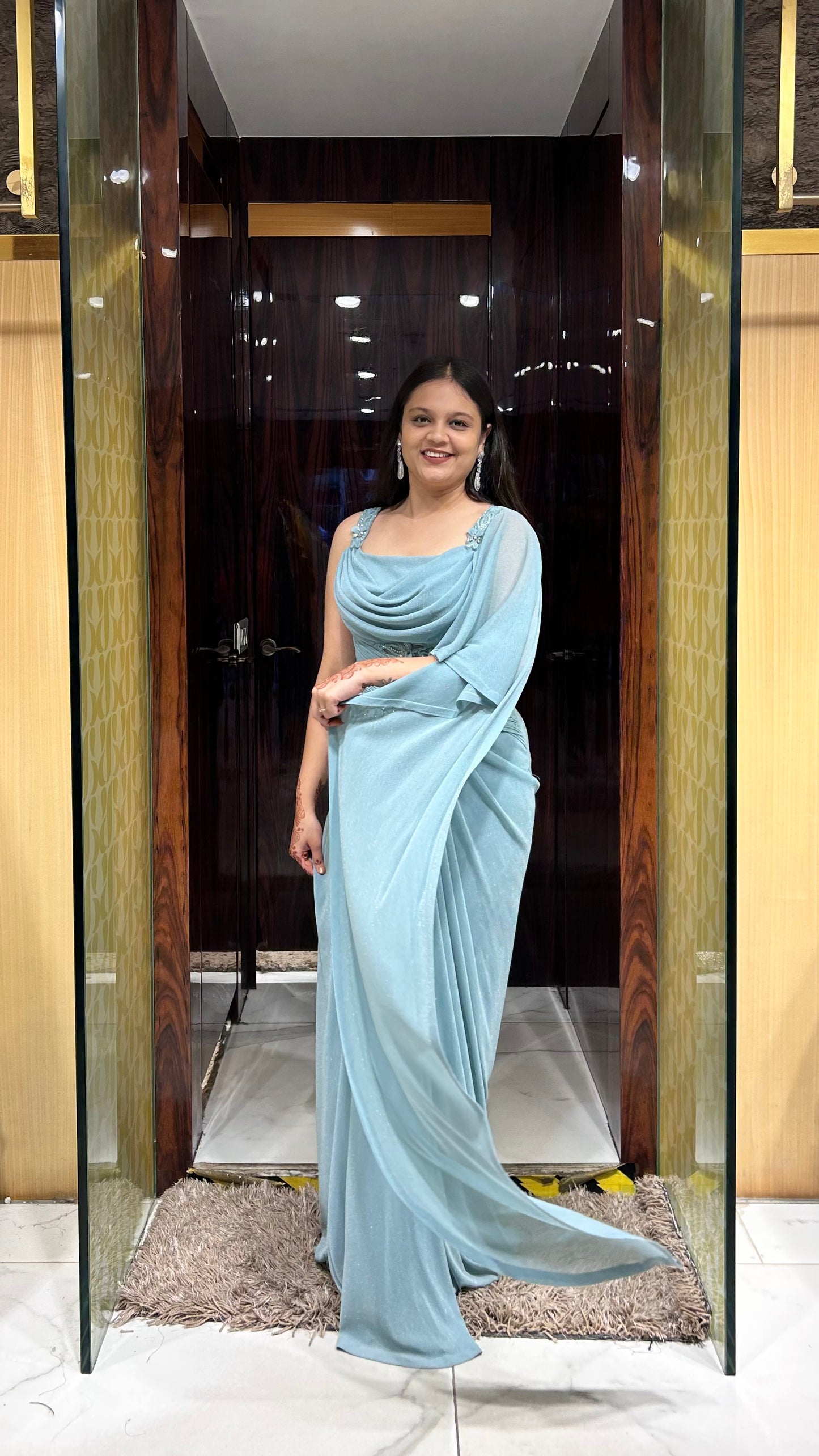 Inira Eggshell Blue Indo-Western Draped Gown with Angel Sleeve