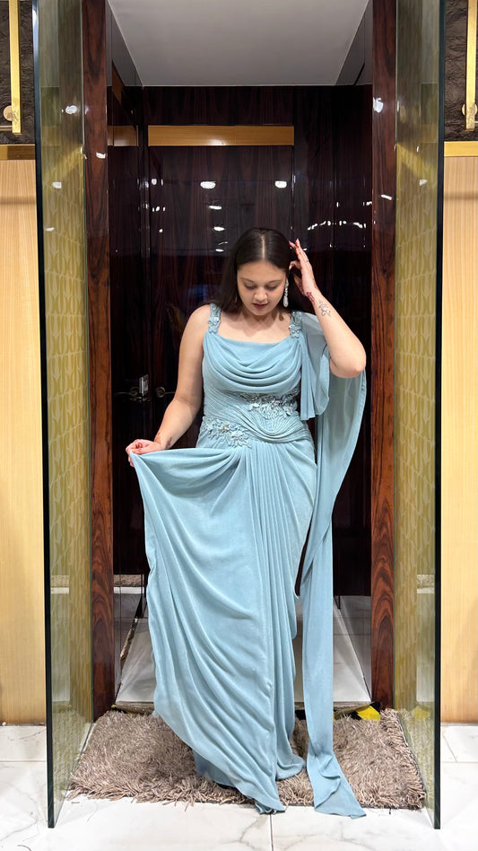 Inira Eggshell Blue Indo-Western Draped Gown with Angel Sleeve