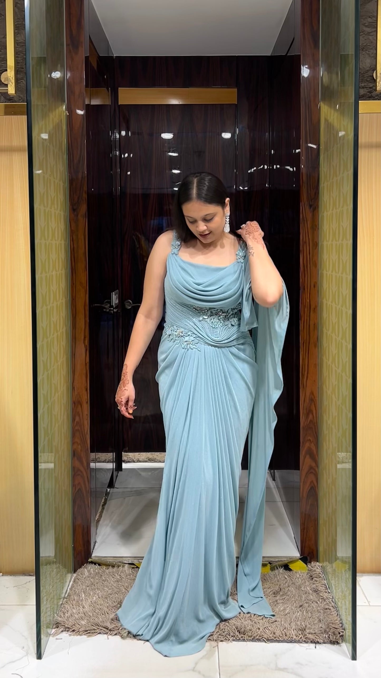 Inira Eggshell Blue Indo-Western Draped Gown with Angel Sleeve