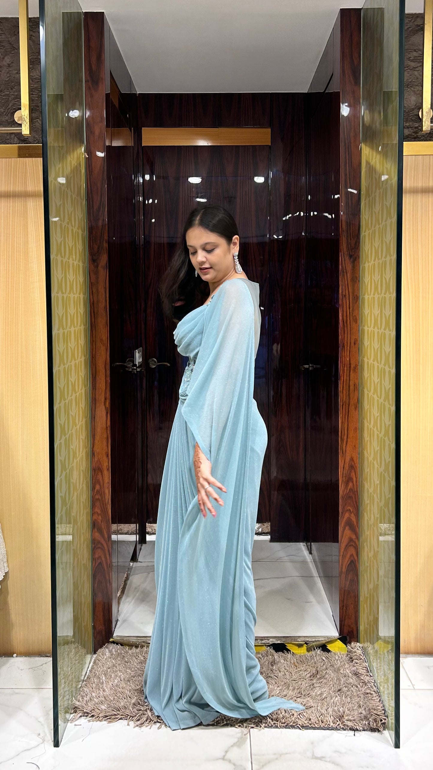 Inira Eggshell Blue Indo-Western Draped Gown with Angel Sleeve