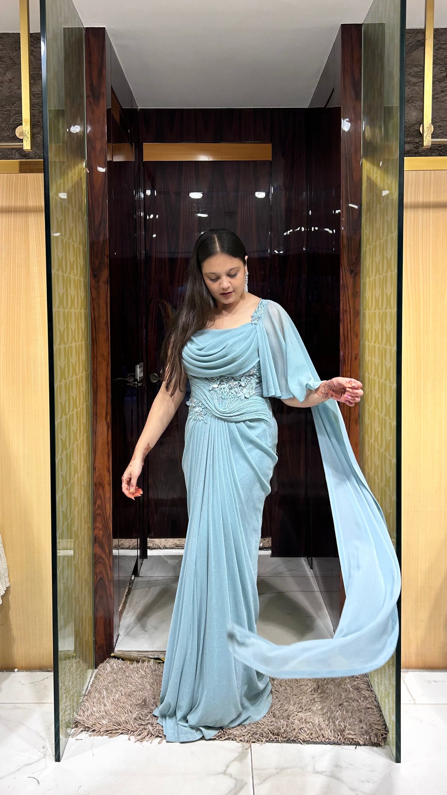 Inira Eggshell Blue Indo-Western Draped Gown with Angel Sleeve