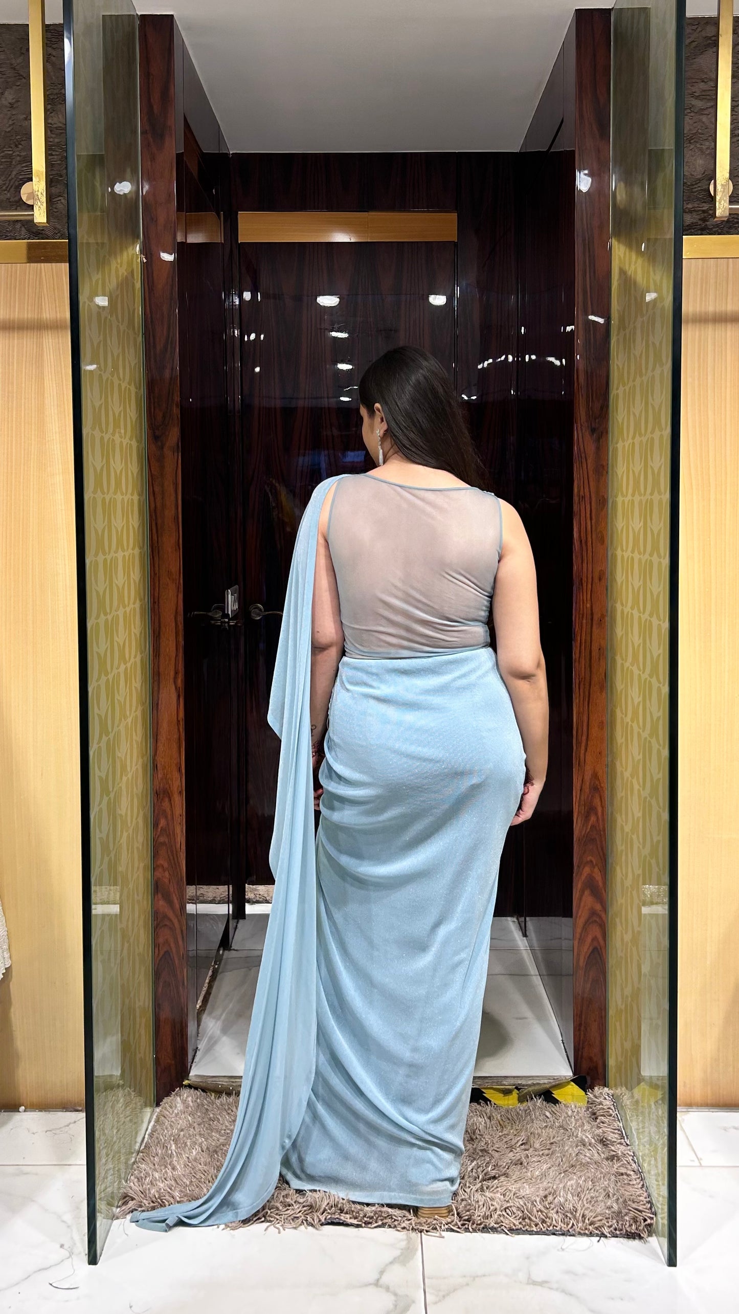 Inira Eggshell Blue Indo-Western Draped Gown with Angel Sleeve