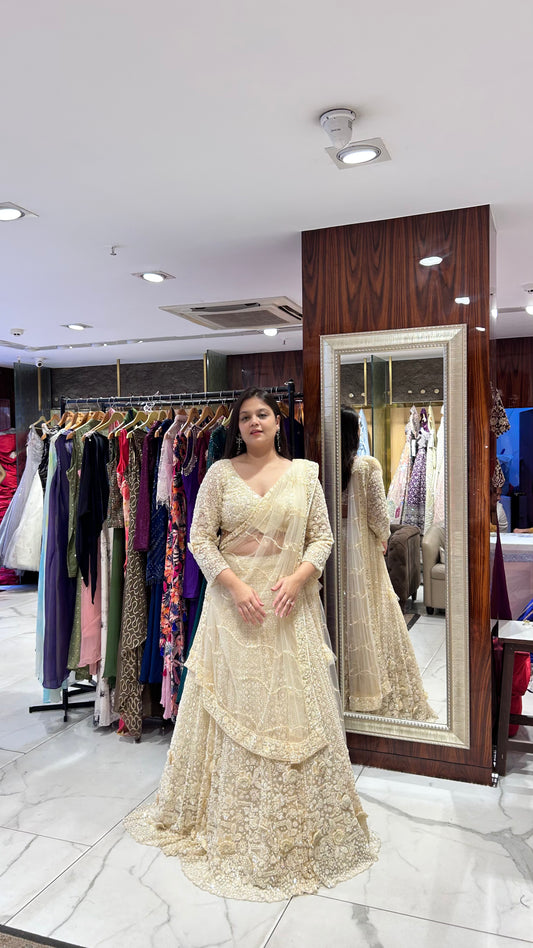 Mihika – Light Cream Net Embroidered Lehenga Set