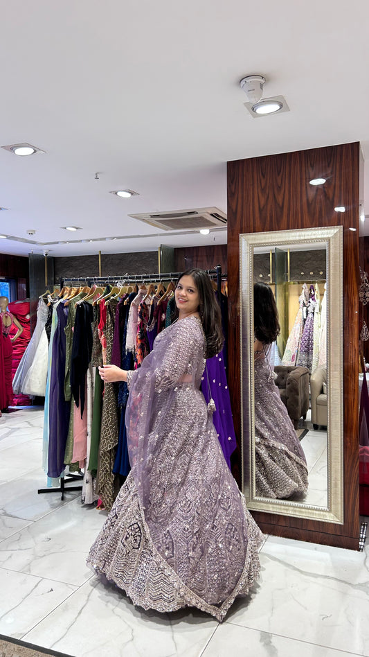 Nitya – Mouse Grey Imported Net Embroidered Lehenga Set