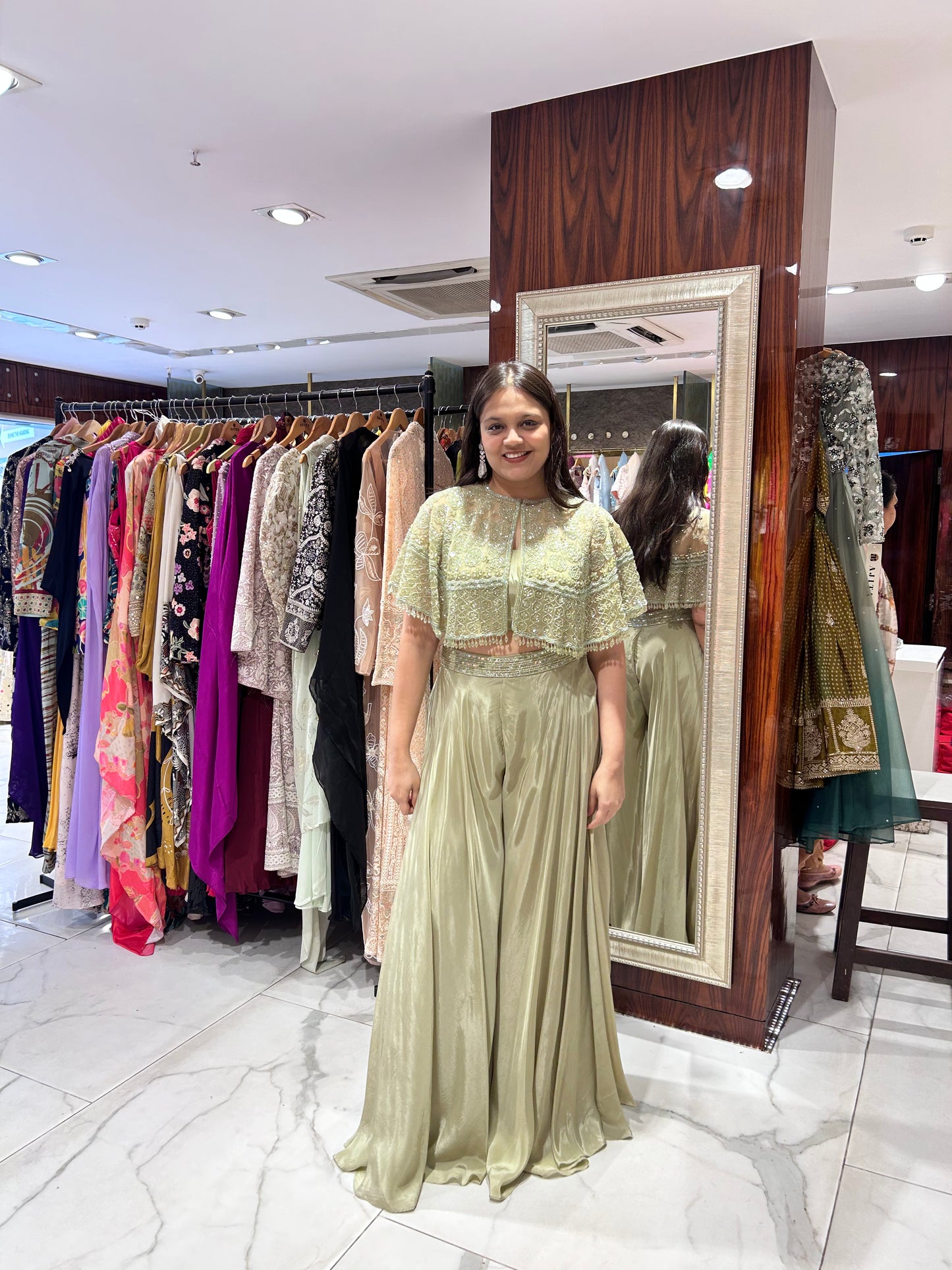 Amaria – Luxe Olive Green Indo-Western Set with Embroidered Cape