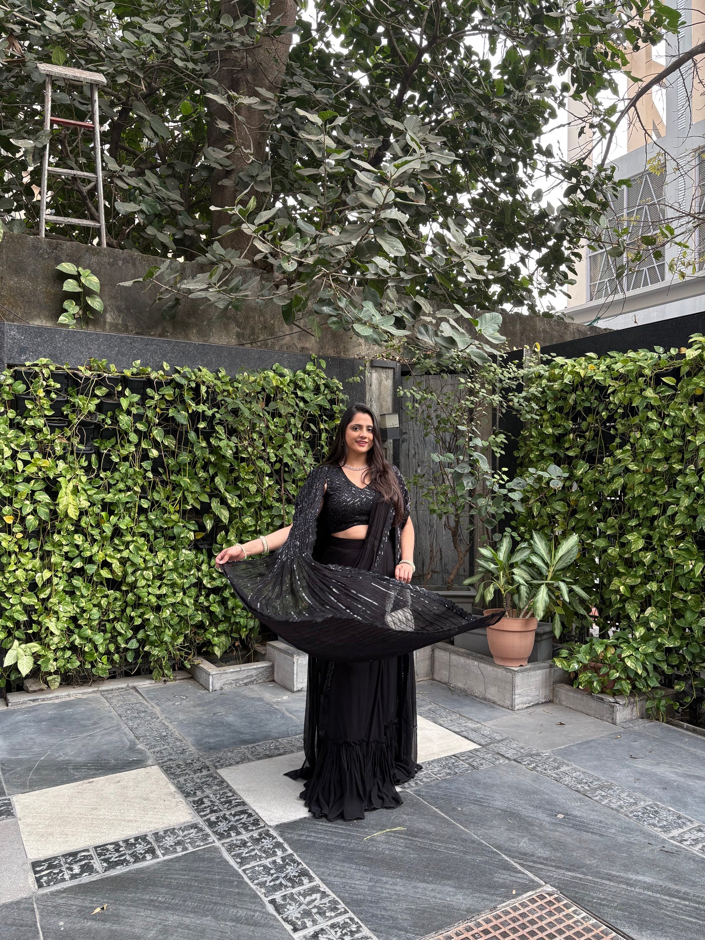 Kaira Black Embroidered Drape Saree with Slit Cape