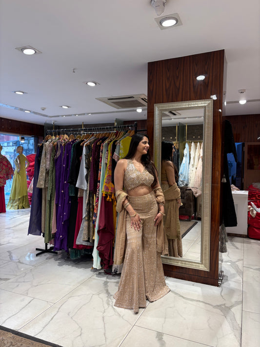 Poo Beige Embroidered Sharara Set with Halter Blouse & Dupatta