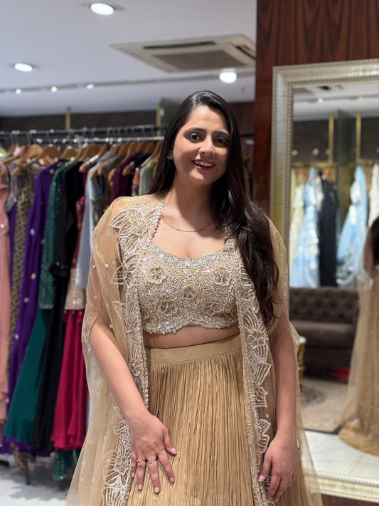 Tahyra Beige Gold Embroidered Crushed Chinon Skirt Set with Cape