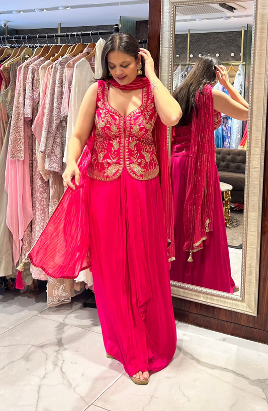 Fuchsia pink jacket top with draped skirt and dupatta – Isa
