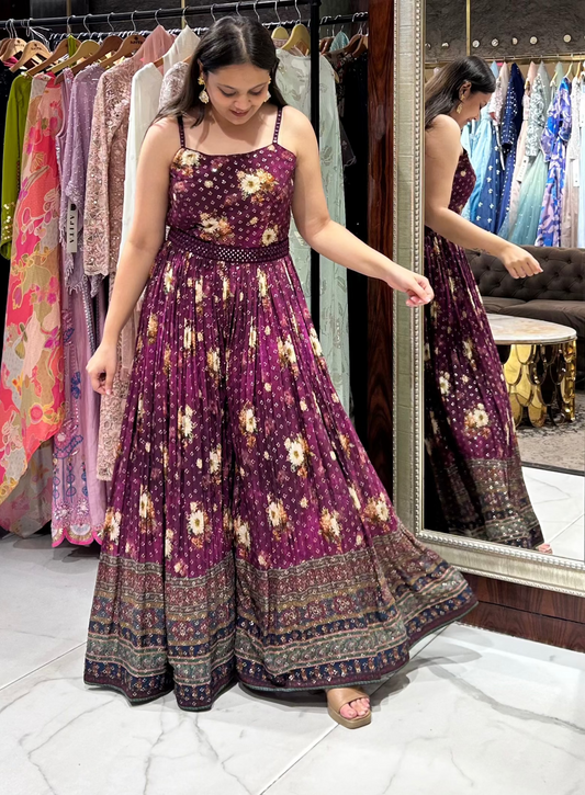 Floral strappy jumpsuit with embroidered mirror belt