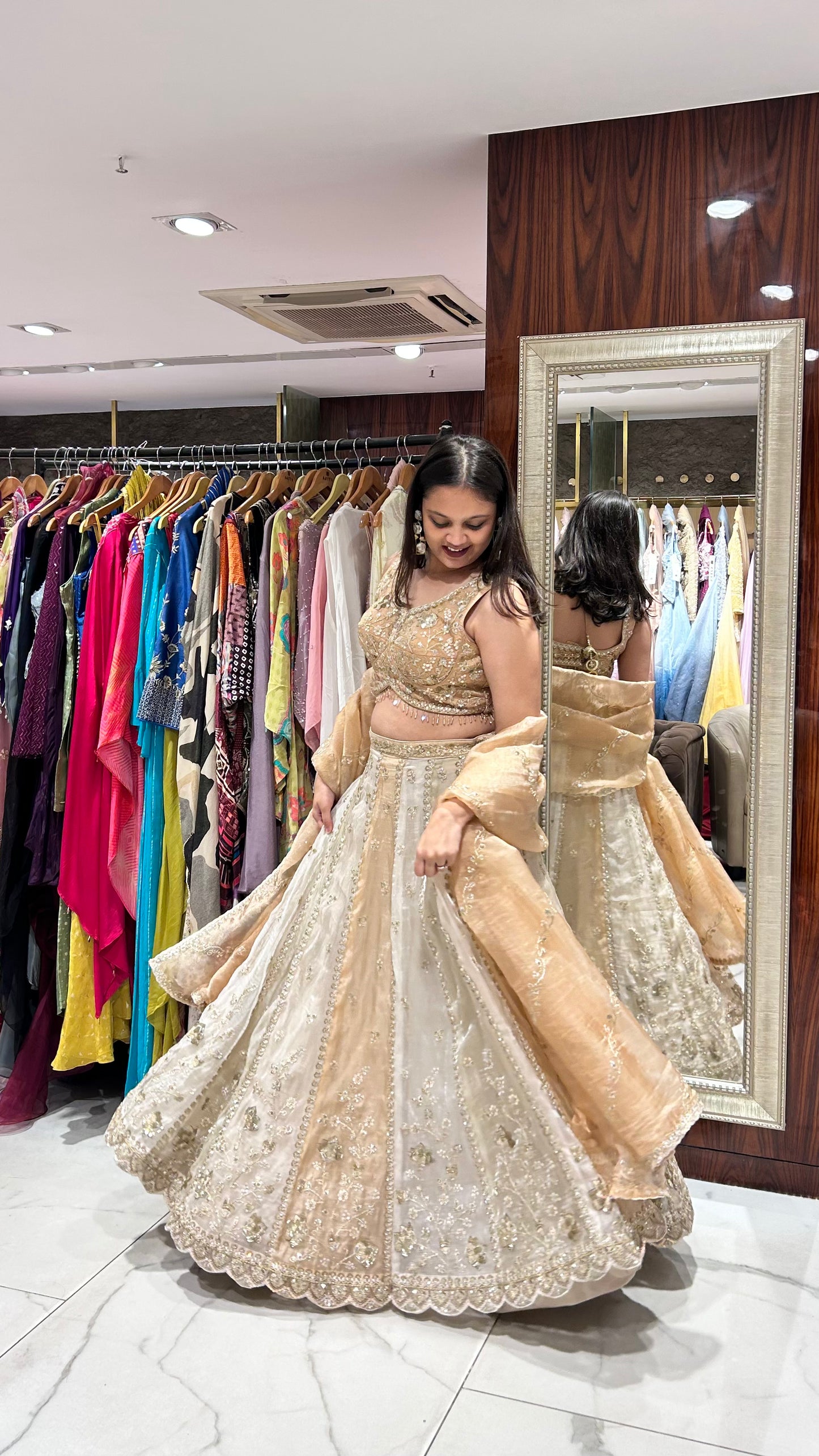 Classy designer inspired lehenga perfect for the bride's reception, engagement, look, or for the mother or sister of the bride.