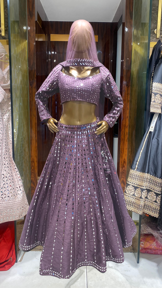Lilac mirror embroidered lehenga with crystal hangings and wide-neck blouse