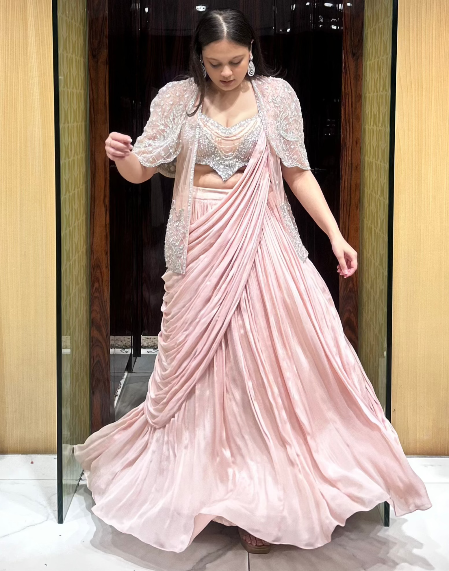 Kavya – Peach Jacket Style Drape Lehenga Set with Hand Embroidered Blouse