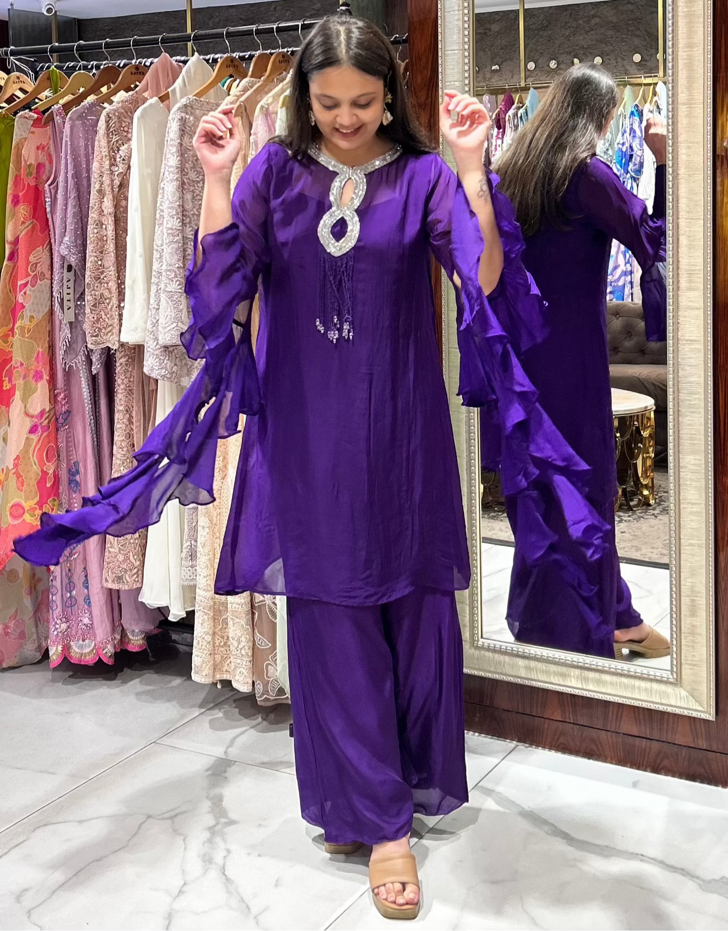 House of Ajita Tivra purple organza co-ord set with angel sleeves