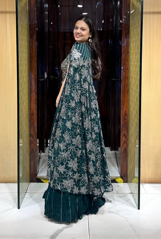 Green gown ideal for festive celebrations and evening wear.