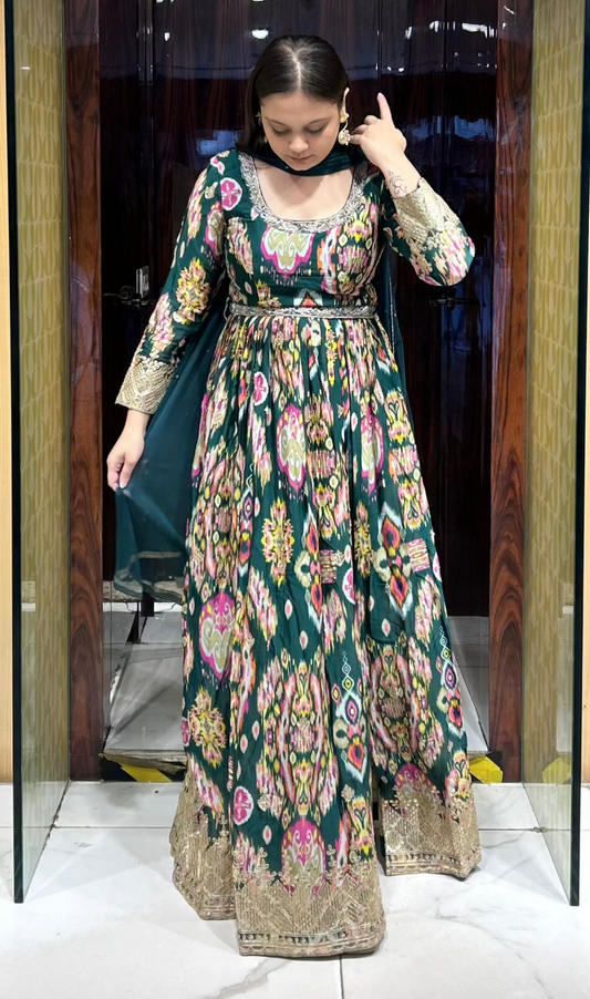Patola printed anarkali set with front slit and zadosi work