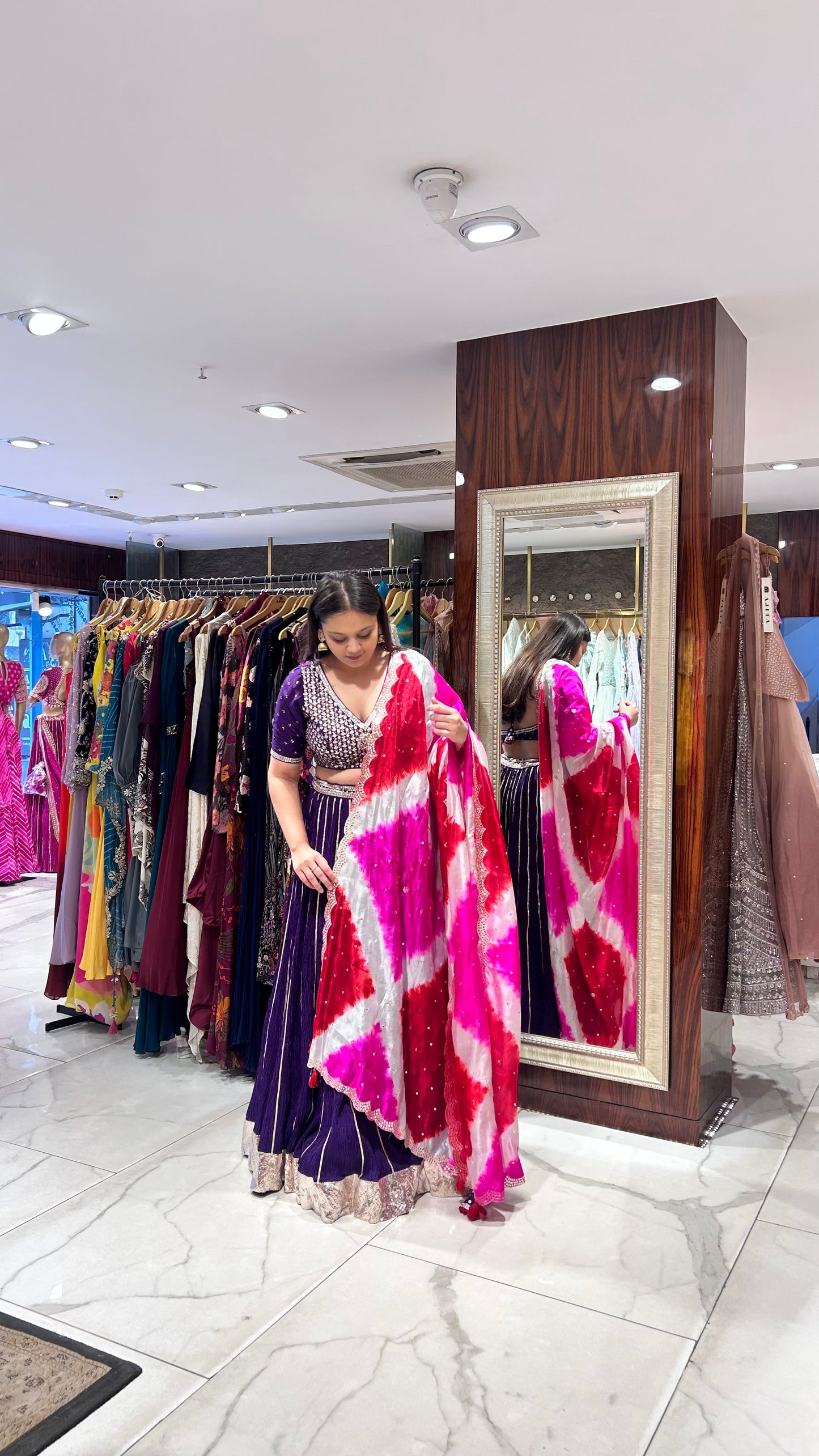 Traditional lehenga with multi-coloured dupatta - ideal for Mehendi, Bhaat, Maayra, Kirtan etc